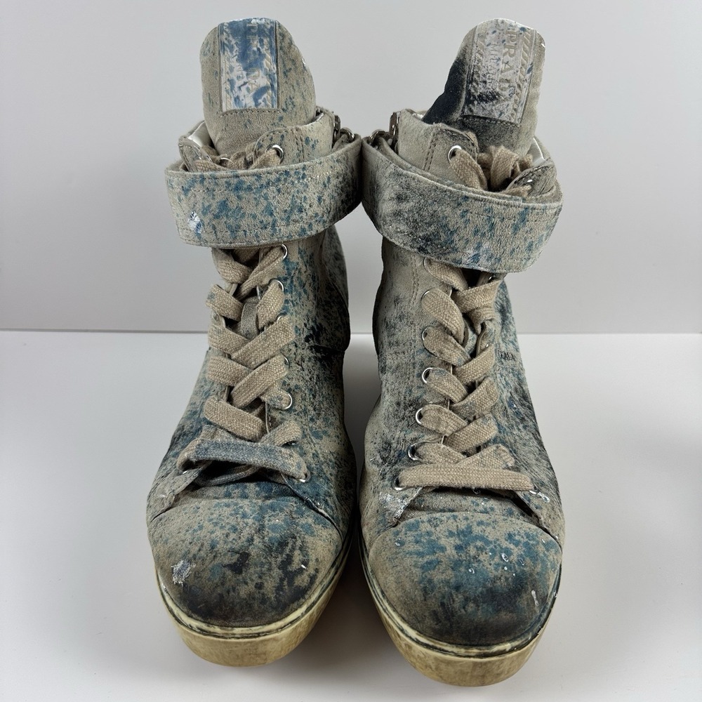 Prada Paint Splatter Artsy Wedge Sneakers Shoes Leather High Top EU 37.5 US 7 - Picture 3 of 7